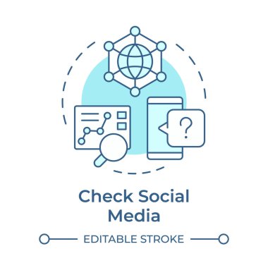 Sosyal medya yumuşak mavi konsept simgesini kontrol et. Etkin etkileşimler oluşturan içerik analiz ediliyor. SMM stratejisi. Yuvarlak şekil çizimi. Soyut bir fikir. Grafik tasarımı. Bilgide kullanması kolay