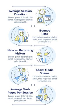 Seyirci katılım ölçümleri, dikey bilgi dizisi. E ticaret analizi. İş verileri. 5 adımlı görselleştirme bilgi tablosu. Daireler iş akışı. Montserrat Yarı Kalın, Lato Düzenli yazı tipleri