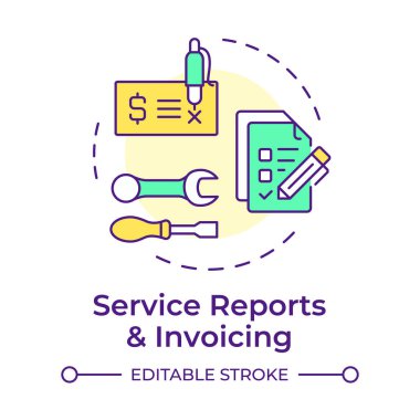 Servis raporları ve çok renkli konsept simgesi faturalandırılması. FSM 'nin anahtar bileşeni. Saha servisi yönetimi. Yuvarlak şekil çizimi. Soyut bir fikir. Grafik tasarımı. Makalede kullanması kolay 