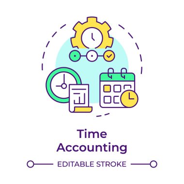 Zaman muhasebe çok renkli konsebe simgesi. Gerçek zamanlı izleme ve izleme. Saha servisi yönetimi. Yuvarlak şekil çizimi. Soyut bir fikir. Grafik tasarımı. Makalede kullanması kolay 