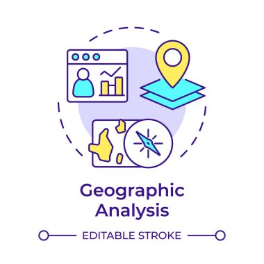 Coğrafi analiz çok renkli konsept simgesi. Müşteri konumuna dayalı pazarlama araştırması. Ticari veriler. Yuvarlak şekil çizimi. Soyut bir fikir. Grafik tasarımı. Sunumda kullanması kolay