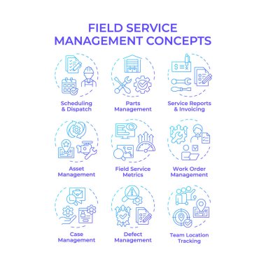 Saha yönetimi mavi gradyan konsept simgeleri. FSM operasyonlarında optimizasyon. İş gücü, ekipman, varlık yönetimi. Simge paketi. Vektör görüntüleri. Yuvarlak şekilli çizimler. Soyut fikir