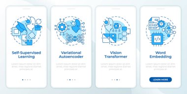 Concept of generative AI blue onboarding mobile app screen. Walkthrough 4 steps editable graphic instructions with linear concepts. UI, UX, GUI template. Montserrat SemiBold, Regular fonts used clipart