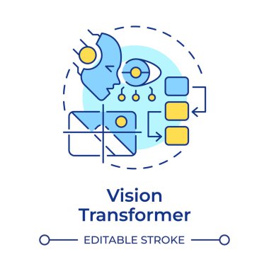 Vision transformatör çok renkli konsept simgesi. Görüntü tanıma görevleri iyileştirme sağlar. RAG entegrasyonu Yuvarlak şekil çizimi. Soyut bir fikir. Grafik tasarımı. Sunumda kullanması kolay