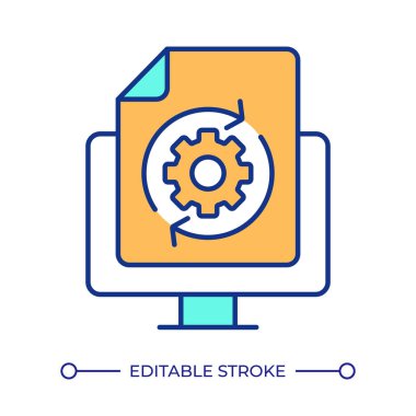 Bilgisayar RGB renk simgesi üzerindeki dosya güncelleniyor. Sistem verimliliğini arttırmak için yeni veriler yükleniyor. Teknoloji hesaplanıyor. İzole vektör çizimi. Basit bir çizgi çizimi. Düzenlenebilir vuruş