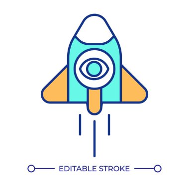 Büyüteç, RGB renk ikonu ile roket fırlatılıyor. Hızlı ve etkili bir kurtarma. Dijital veri servisine kolay erişim. İzole vektör çizimi. Basit bir çizgi çizimi. Düzenlenebilir vuruş