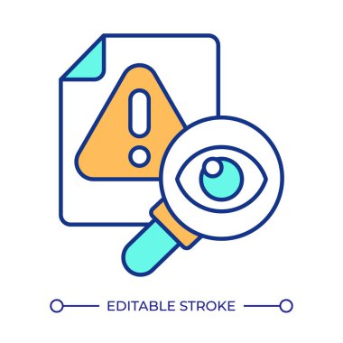 Halüsinasyonları azaltıyor RGB renk simgesi. Üretken yapay zeka teknolojisi gelişimi. Ünlem işareti ve büyüteçle birlikte dosya. İzole vektör çizimi. Basit bir çizgi çizimi. Düzenlenebilir vuruş