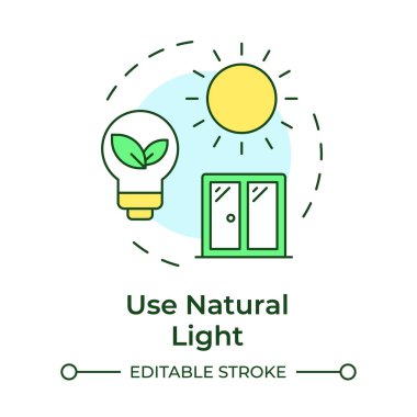 Doğal ışık çok renkli konsept simgesi kullanılıyor. Yapay ışıklandırma ihtiyacını azaltır. Enerji tasarrufu tavsiyesi. Yuvarlak şekil çizimi. Soyut bir fikir. Grafik tasarımı. Kitapçıkta kullanması kolay