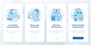 Mobil uygulama ekranında mavi tele-sağlık hizmetlerinin türleri. Doğrusal kavramlarla düzenlenebilir grafik yönergelerini dört adımda gözden geçir. UI, UX, GUI şablonu. Montserrat Yarı Kalın, Düzenli yazı tipleri