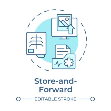 Store and forward soft blue concept icon. Asynchronous telemedicine data collecting. Telehealth treatment. Round shape line illustration. Abstract idea. Graphic design. Easy to use in booklet clipart