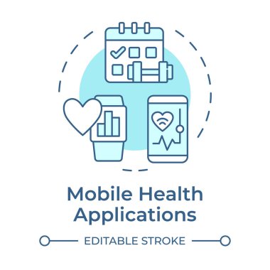 Mobil sağlık uygulamaları yumuşak mavi konsept simgesi. Tıp için akıllı telefon bazlı aletler. TeleHealth teknolojisi. Yuvarlak şekil çizimi. Soyut bir fikir. Grafik tasarımı. Kitapçıkta kullanması kolay