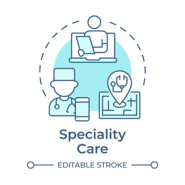 Özel bakım, yumuşak mavi konsept ikonu. Az servis edilen bölgeler için sanal ilaç. TeleHealth uygulaması. Yuvarlak şekil çizimi. Soyut bir fikir. Grafik tasarımı. Kitapçıkta kullanması kolay