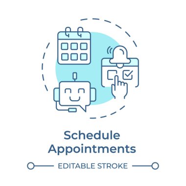 Randevuları ayarla. Yumuşak mavi konsept simgesi. Doktora gitmeyi planlıyorum. Sağlık hizmeti sohbet robotu vakası. Yuvarlak şekil çizimi. Soyut bir fikir. Grafik tasarımı. Kitapçıkta kullanması kolay
