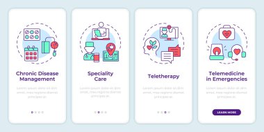 Tele-sağlık uygulamaları mobil uygulama ekranında. Doğrusal kavramlarla düzenlenebilir grafik yönergelerini dört adımda gözden geçir. UI, UX, GUI şablonu. Montserrat Yarı Kalın, Düzenli yazı tipleri