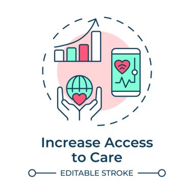 Bakım çok renkli konsept simgesine erişimi arttır. Sağlık hizmetlerinin önündeki engelleri kaldırır. Teleksağlığın faydaları. Yuvarlak şekil çizimi. Soyut bir fikir. Grafik tasarımı. Sunumda kullanması kolay
