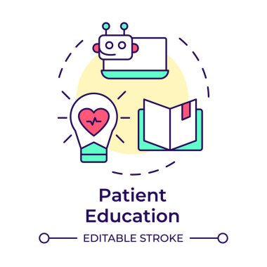 Hasta ilişkileri ve eğitim çok renkli konsept ikonu. Sağlık ipuçları çevrimiçi. Sağlık hizmeti sohbet robotu vakası. Yuvarlak şekil çizimi. Soyut bir fikir. Grafik tasarımı. Kitapçıkta kullanması kolay