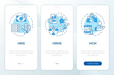 HRMS vs HRIS vs HCM blue mobil uygulama ekranında. İş için. Doğrusal kavramlarla birlikte düzenlenebilir grafik yönergelerini gezdir. UI, UX, GUI şablonu. Montserrat Yarı Kalın, Düzenli yazı tipleri