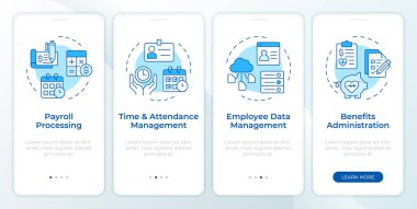HRIS mavisi mobil uygulama ekranında. İK bilgi sistemi. Doğrusal kavramlarla düzenlenebilir grafik yönergelerini dört adımda gözden geçir. UI, UX, GUI şablonu. Montserrat Yarı Kalın, Düzenli yazı tipleri
