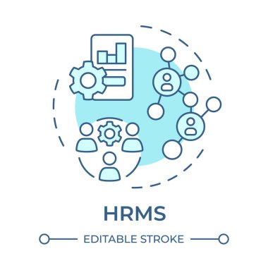 HRMS yumuşak mavi konsept simgesi. İnsan kaynakları yönetim sistemi. İş gücü teknolojisi gelişmeyi kontrol ediyor. Yuvarlak şekil çizimi. Soyut bir fikir. Grafik tasarımı. Broşürde kullanması kolay