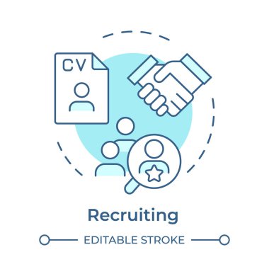 Yumuşak mavi konsept ikonu işe alınıyor. İş için uygun adaylar seçiliyor. Kurumsal İK süreci. Yuvarlak şekil çizimi. Soyut bir fikir. Grafik tasarımı. Sunumda kullanması kolay