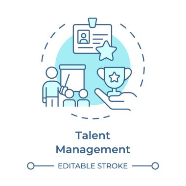 Yetenek yönetimi yumuşak mavi konsept ikonu. Yetenekli ve motive edilmiş iş gücü cazibesi. İK 'nın çalışma süreci. Yuvarlak şekil çizimi. Soyut bir fikir. Grafik tasarımı. Broşürde kullanması kolay
