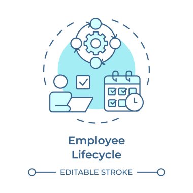 Çalışanların yaşam döngüsü yumuşak mavi konsept simgesi. Başlangıçtan ayrılış aşamalarına kadar. İK süreci. Yuvarlak şekil çizimi. Soyut bir fikir. Grafik tasarımı. Sunumda kullanması kolay