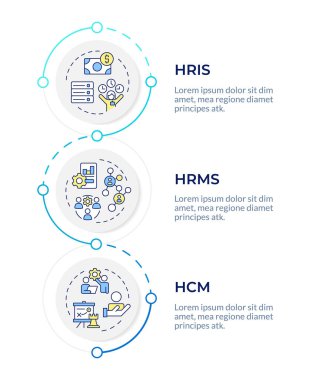 HRMS vs HRIS vs HCM bilgi dikey dizisine karşı. İnsan kaynakları düzenleme sistemleri. 3 adımlı görselleştirme bilgi tablosu. Daireler iş akışı. Montserrat Yarı Kalın, Lato Düzenli yazı tipleri