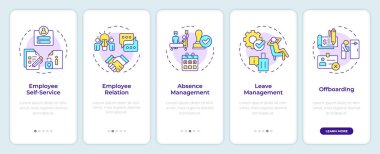 Hareketli HR mobil uygulama ekranında. İnsan Kaynakları. Doğrusal kavramlarla düzenlenebilir grafik yönergelerini 5 adımda gezdir. UI, UX, GUI şablonu. Montserrat Yarı Kalın, Düzenli yazı tipleri