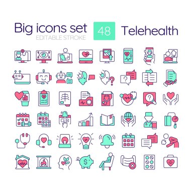 TeleHealth teknolojisi RGB renk simgeleri ayarlandı. Hastalar için çevrimiçi hizmetlere erişim. Sohbet robotları aracılığıyla danışmanlık. İzole vektör çizimleri. Basit çizgi çizimleri koleksiyonu. Düzenlenebilir vuruş