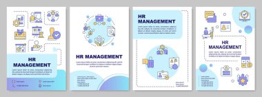 İK yönetimi mavi daire broşürü. Şirket işi insan kaynakları. İşsizlik. Çizgisel simgeli broşür tasarımı. Düzenlenebilir 4 vektör düzeni. Kullanılan Arial-Kalın, Myriad Pro-Normal yazı tipleri