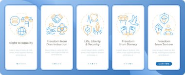 Social equality freedom app onboarding screens. Duo tone vector illustration. UI design flow. 5 steps walkthrough mobile interface slide layout. Montserrat SemiBold, Regular fonts used clipart