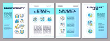 Biyolojik çeşitlilik mavi eğimli broşür. Biyolojik çeşitlilik kaybının nedenleri. Ekosistemler. Çizgisel simgeli broşür tasarımı. Düzenlenebilir 4 vektör düzeni. Arial-Black, Kullanılan Myriad Pro-Normal yazı tipleri