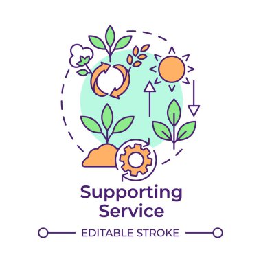 Hizmet çoklu renk konsepti simgesi destekleniyor. Ekosistem hizmeti. Bitki büyümesi, güneş ışığı ve toprak sağlığı. Yuvarlak şekil çizimi. Soyut bir fikir. Grafik tasarımı. Makalede kullanması kolay