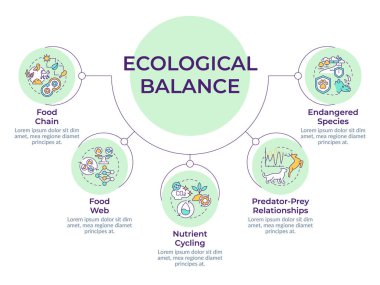 Ekolojik denge dairesel diyagramı. Besin zinciri. Avcı ve av ilişkileri. Veri görselleştirmesi ve 5 seçenek. Hiyerarşi çizelgesi. Montserrat Yarı Kalın, Lato Düzenli yazı tipleri