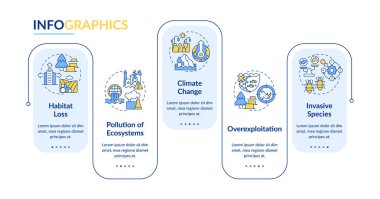 Biyolojik çeşitlilik kaybının ana nedenleri dikdörtgen bilgi vektörü. Ekosistemler ve türler üzerindeki etkisi. Veri görselleştirmesi 5 adımda. Düzenlenebilir dikdörtgen seçenekler çizelgesi. Kullanılan Lato Kalın, Düzenli yazı tipleri