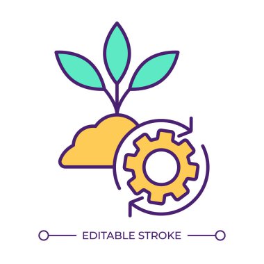 Toprak RGB renk ikonunda besin döngüsü. Bitki, toprak ve dişli yetiştirme süreci sembolize ediyor. Bitkilerin büyümesini destekliyorum. İzole vektör çizimi. Basit bir çizgi çizimi. Düzenlenebilir vuruş