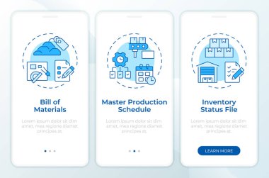 MRP input blue onboarding mobile app screen. Industry management. Walkthrough 3 steps editable graphic instructions with linear concepts. UI, UX, GUI template. Montserrat SemiBold, Regular fonts used clipart