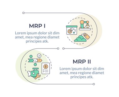 MRP enfografik dikey dizisi. Üretim teknolojisi gelişimi. Endüstri envanteri. İki adımlı görselleştirme bilgisi. Daireler iş akışı. Montserrat Yarı Kalın, Lato Düzenli yazı tipleri
