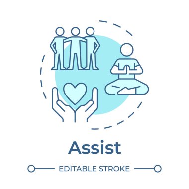 Yumuşak mavi konsept simgesine yardım et. Sağlıklı bir yaşam tarzı. Arkadaşlık, ilişki. Meditasyon, sağlık hizmeti. Yuvarlak şekil çizimi. Soyut bir fikir. Grafik tasarımı. Bilgide kullanması kolay