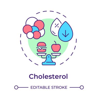 Kolesterol çok renkli konsept ikonu. Yemek kontrolü, yemek ağırlığı. Moleküller, biyokimya. Yuvarlak şekil çizimi. Soyut bir fikir. Grafik tasarımı. Bilgide ve sunumda kullanması kolay