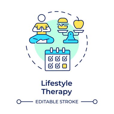 Yaşam tarzı terapisi çok renkli konsept ikonu. Yemek kontrolü, gıda ürünleri. Program, sağlık hizmeti. Yuvarlak şekil çizimi. Soyut bir fikir. Grafik tasarımı. Bilgide ve sunumda kullanması kolay