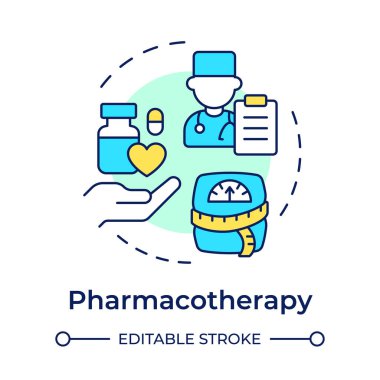 Farmakoterapi çok renkli konsept ikonu. İlaç reçetesi, ilaçlar. Ağırlık ölçümü. Yuvarlak şekil çizimi. Soyut bir fikir. Grafik tasarımı. Bilgide kullanması kolay