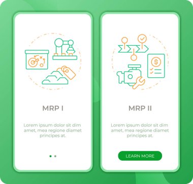 MRP uygulaması ekranlarda. Sanayi planlaması. İkili ton vektör illüstrasyonu. UI tasarım akışı. Mobil arayüz kaydırma düzeninde 2 adım yürüyün. Montserrat Yarı Kalın, Düzenli yazı tipleri