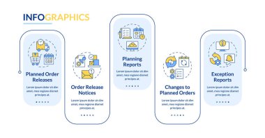 MRP çıktıları dikdörtgen bilgi vektörü. Endüstriyel malzeme yönetimi. Üretim planı. Veri görselleştirmesi 5 adımda. Düzenlenebilir dikdörtgen seçenekler çizelgesi. Kullanılan Lato Kalın, Düzenli yazı tipleri