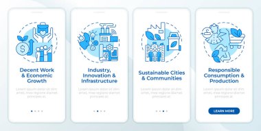 Mobil uygulama ekranında finansal gelişim mavisi. Doğrusal kavramlarla düzenlenebilir grafik yönergelerini dört adımda gözden geçir. UI, UX, GUI şablonu. Montserrat Yarı Kalın, Düzenli yazı tipleri