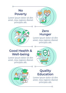 Sosyal eşitlik bilgisel dikey dizisi. İyi eğitim, açlık. Ekonomik büyüme. 4 adımlı görselleştirme bilgi tablosu. Daireler iş akışı. Montserrat Yarı Kalın, Lato Düzenli yazı tipleri