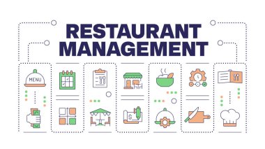 Restoran yönetimi kavramı beyaza izole edilmiş. Yemek organizasyonunun iş stratejisi. Düzenlenebilir renkli çizgi simgeleriyle çevrili yaratıcı illüstrasyon afişi. İnbot Sans yazı tipi kullanıldı
