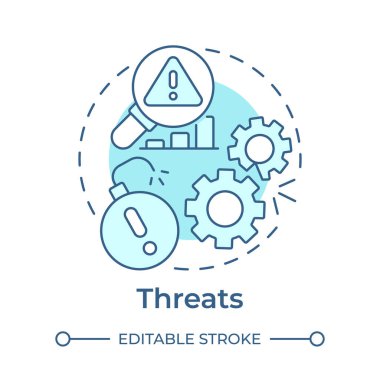 Yumuşak mavi konsept ikonu tehditleri. Potansiyel ticari hasar. İş planlamada SWOT analizi. Yuvarlak şekil çizimi. Soyut bir fikir. Grafik tasarımı. Broşürde kullanması kolay