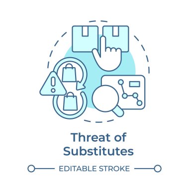 Yumuşak mavi konsept ikonu tehdidi. Müşteriler alternatif ürünlere geçiyor. Porter 5 gücü. Yuvarlak şekil çizimi. Soyut bir fikir. Grafik tasarımı. Broşürde kullanması kolay