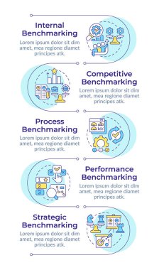 Enfografik dikey sıralama kriterleri. Şirket süreçlerini rakiplerle karşılaştırmak. 5 adımlı görselleştirme bilgi tablosu. Daireler iş akışı. Montserrat Yarı Kalın, Lato Düzenli yazı tipleri